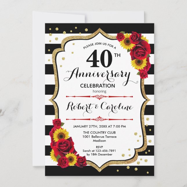 40th Anniversary - Red Roses Sunflowers Invitation (Front)