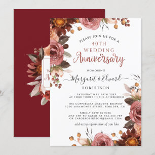 40th Anniversary Red Ruby, Burgundy Blush Floral Invitation