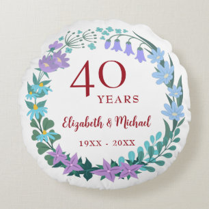 40th Anniversary Ruby Floral Bluebell Lilac Wreath Round Cushion