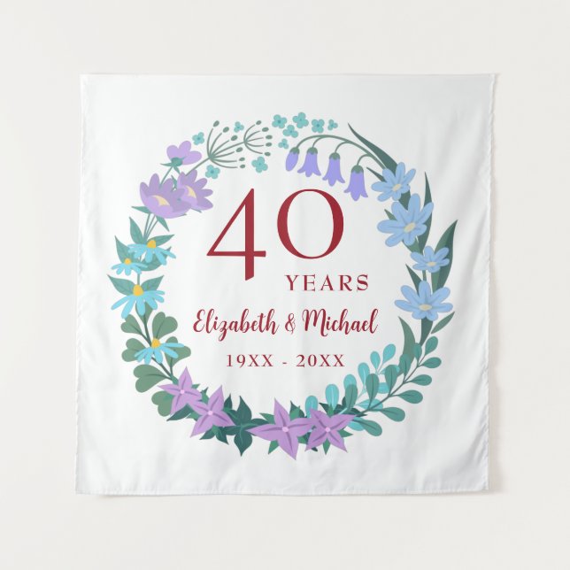 40th Anniversary Ruby Floral Bluebell Lilac Wreath Tapestry (Front)