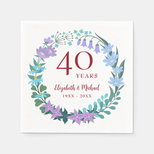 40th Anniversary Ruby Floral Bluebell Wreath Napkin (Front)