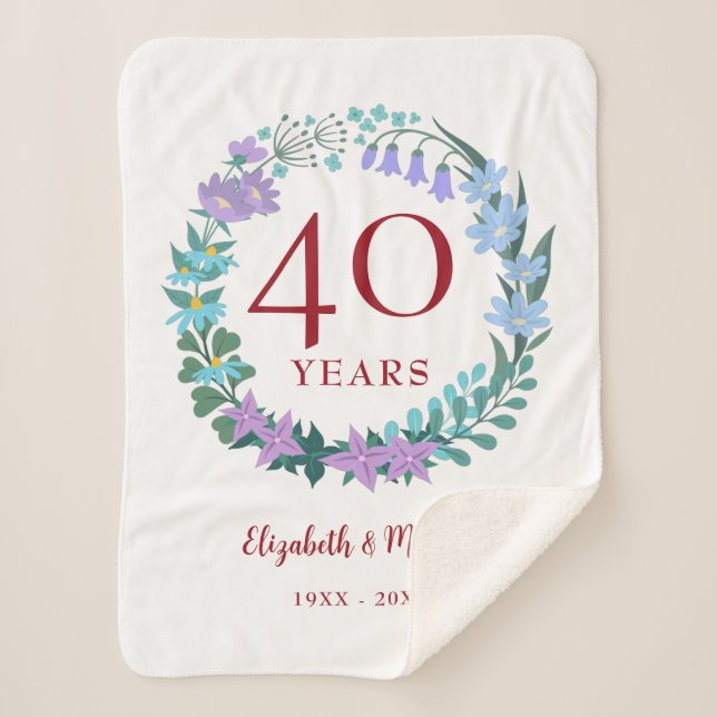 40th Anniversary Ruby Floral Bluebell Wreath Sherpa Blanket (Front)
