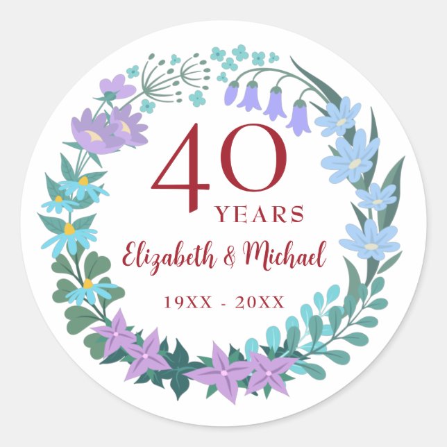 40th Anniversary Ruby Floral Bluebells Wreath Classic Round Sticker (Front)