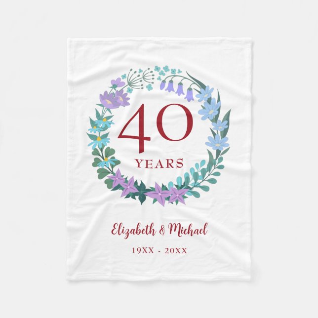 40th Anniversary Ruby Floral Bluebells Wreath Fleece Blanket (Front)