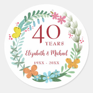 40th Anniversary Ruby Floral Butterfly Wreath Classic Round Sticker