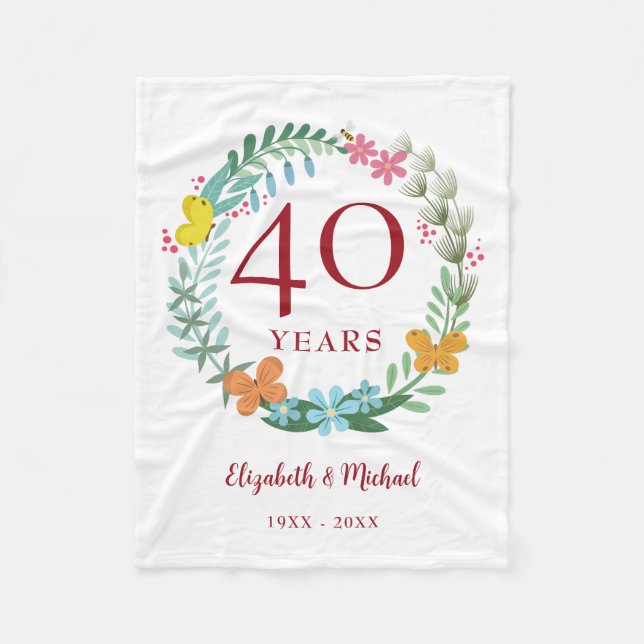40th Anniversary Ruby Floral Butterfly Wreath Fleece Blanket (Front)