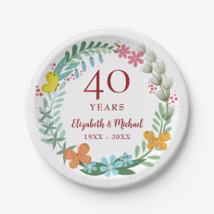 40th Anniversary Ruby Floral Butterfly Wreath Paper Plate