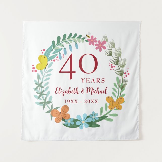 40th Anniversary Ruby Floral Butterfly Wreath Tapestry (Front)