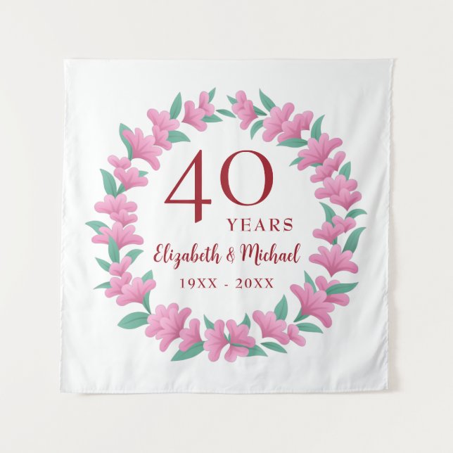 40th Anniversary Ruby Floral Pink Flower Wreath Tapestry (Front)