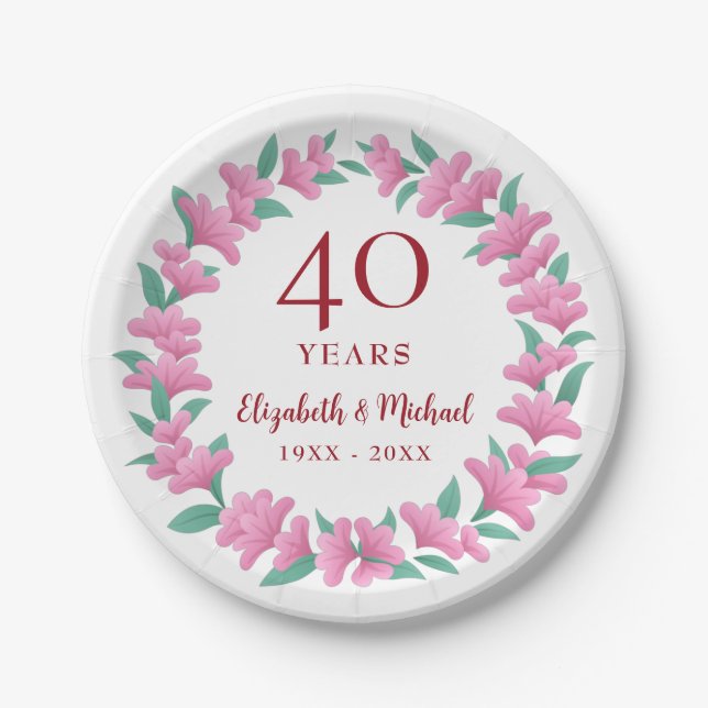 40th Anniversary Ruby Floral Pink Flowers Wreath Paper Plate (Front)