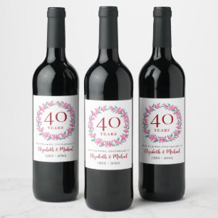 40th Anniversary Ruby Floral Pink Flowers Wreath Wine Label