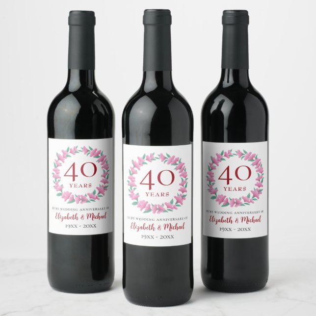 40th Anniversary Ruby Floral Pink Flowers Wreath Wine Label (Bottles)