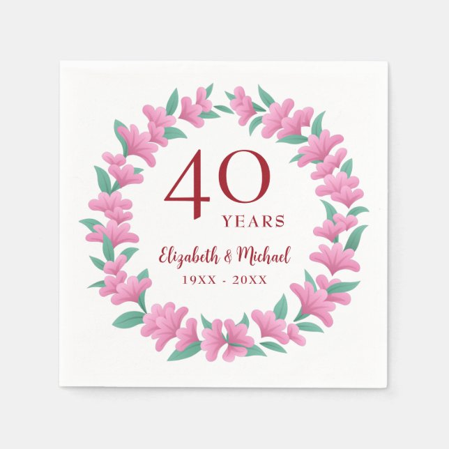 40th Anniversary Ruby Floral Pink Green Wreath Napkin (Front)