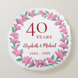40th Anniversary Ruby Floral Pink Green Wreath Round Cushion