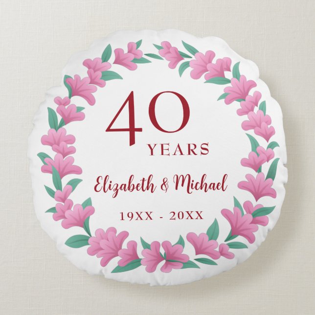 40th Anniversary Ruby Floral Pink Green Wreath Round Cushion (Front)