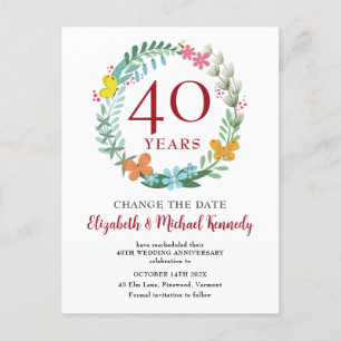 40th Anniversary Ruby Floral Wreath Change Date Postcard