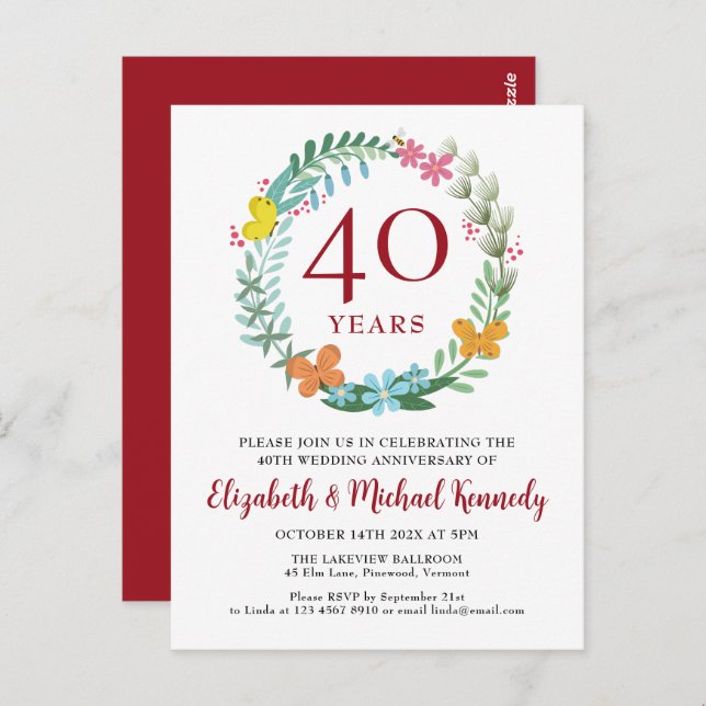 40th Anniversary Ruby Floral Wreath Invitation Postcard (Front/Back)