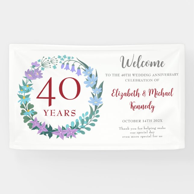 40th Anniversary Ruby Floral Wreath Wedding Banner (Horizontal)