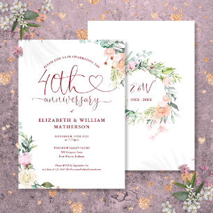 40th Anniversary Ruby Heart Floral Monogram Invitation