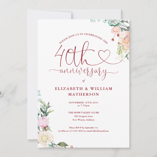 40th Anniversary Ruby Heart Floral Monogram Invitation (Front)