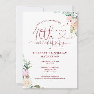 40th Anniversary Ruby Heart Floral Monogram Invitation