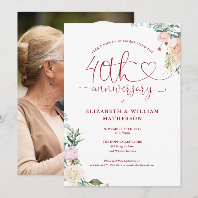 40th Anniversary Ruby Heart Floral Photo Invitation (Front/Back)
