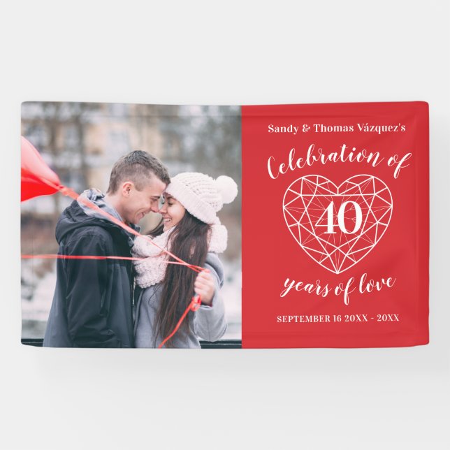 40th anniversary ruby heart personalised photo banner (Horizontal)