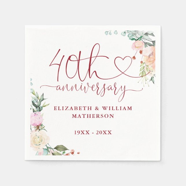 40th Anniversary Ruby Heart Roses Floral Napkin (Front)
