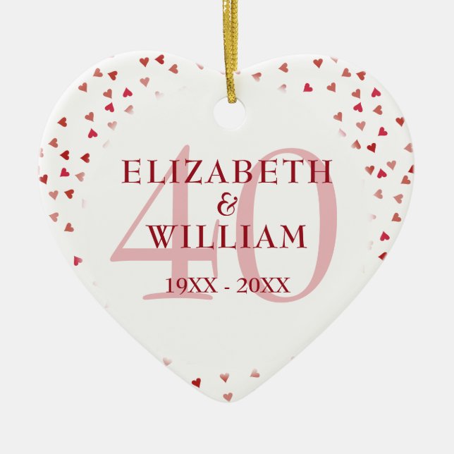 40th Anniversary Ruby Hearts Ceramic Tree Decoration (Front)