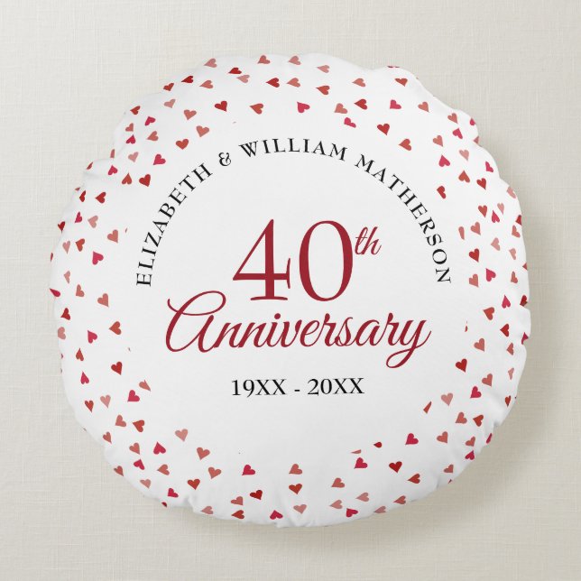 40th Anniversary Ruby Hearts Confetti Round Cushion (Front)