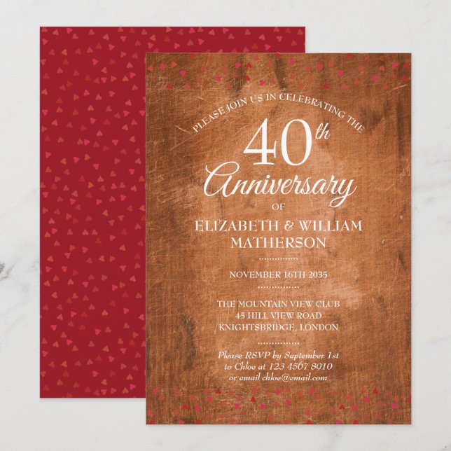 40th Anniversary Ruby Hearts Rustic Vintage Wood Invitation (Front/Back)