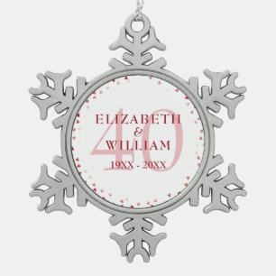 40th Anniversary Ruby Hearts Snowflake Pewter Christmas Ornament