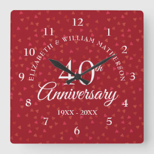40th Anniversary Ruby Hearts Square Wall Clock