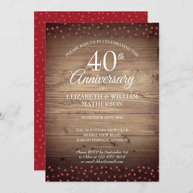 40th Anniversary Ruby Love Hearts Rustic Wood Invitation (Front/Back)
