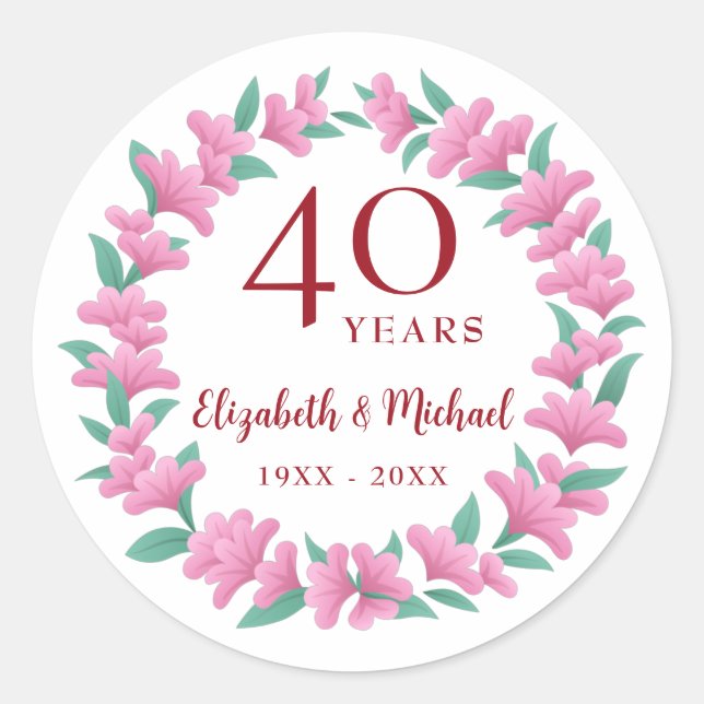 40th Anniversary Ruby Pink Green Floral Wreath Classic Round Sticker (Front)