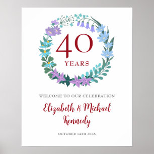 40th Anniversary Ruby Welcome Floral Wreath Sign
