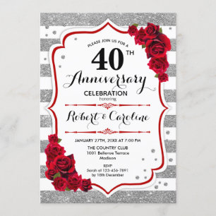 40th Anniversary - Silver White Red Roses Invitation