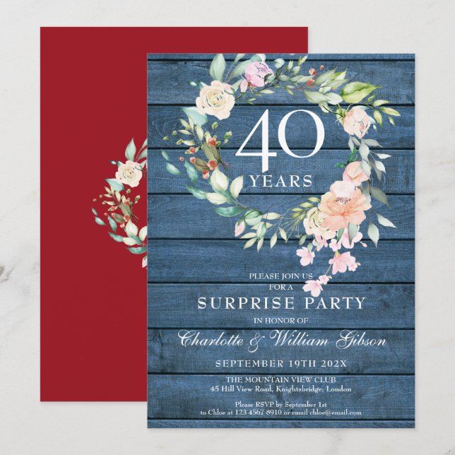 40th Anniversary Surprise Party Floral Blue Rustic Invitation (Front/Back)