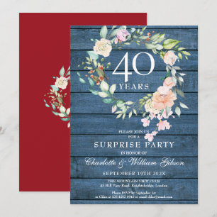 40th Anniversary Surprise Party Floral Blue Rustic Invitation