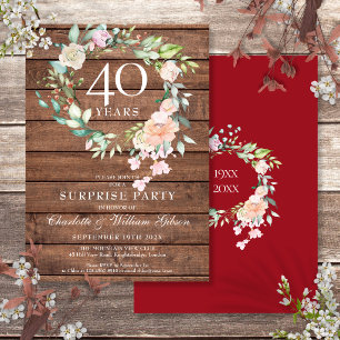 40th Anniversary Surprise Party Floral Rustic Wood Invitation