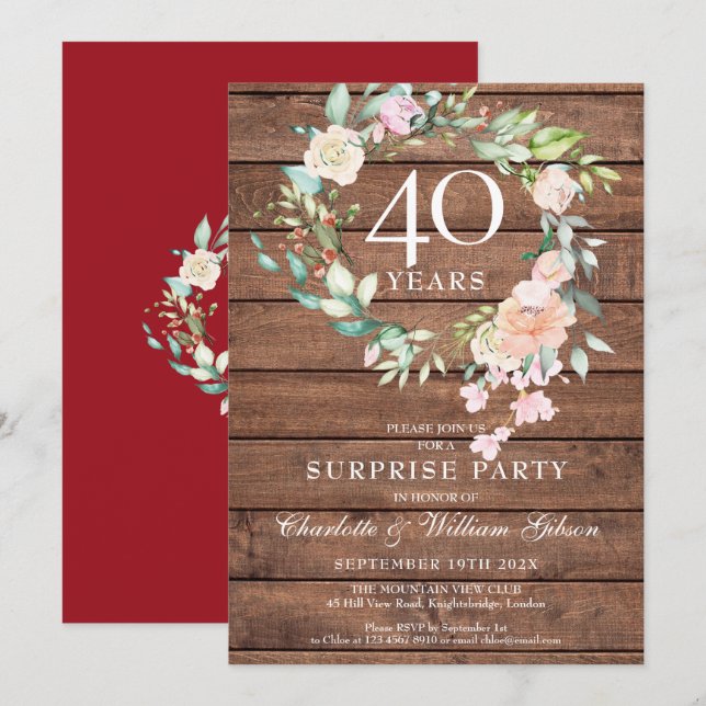 40th Anniversary Surprise Party Floral Rustic Wood Invitation (Front/Back)