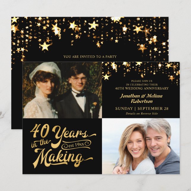 40th Anniversary Then & Now Photos Black and Gold Invitation (Front/Back)