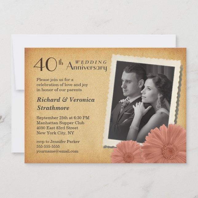 40th Anniversary Vintage Daisy Photo Invitations (Front)