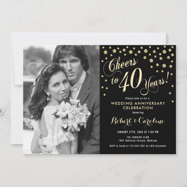 40th Anniversary with Photo - Gold Black Invitation (Front)