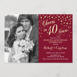 40th Anniversary with Photo - Gold Ruby Red Invitation