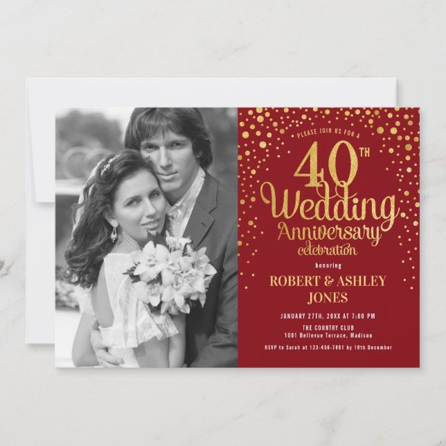 40th Anniversary with Photo - Red Gold Invitation (Front)