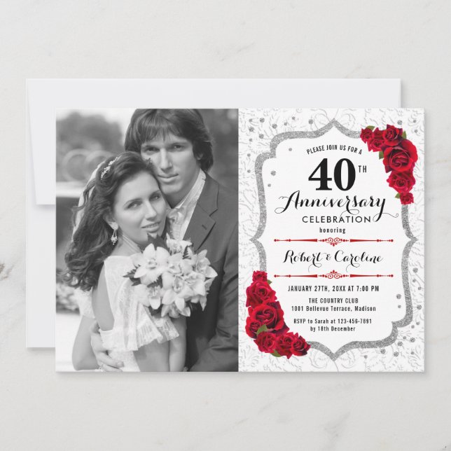 40th Anniversary with Photo - Ruby Red Silver Invitation (Front)