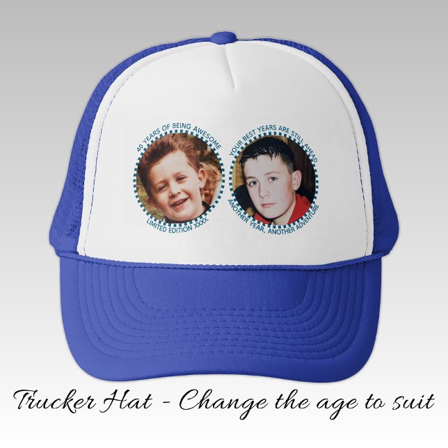 40th 'any age' milestone 2 photo blue white trucker hat (Creator Uploaded)