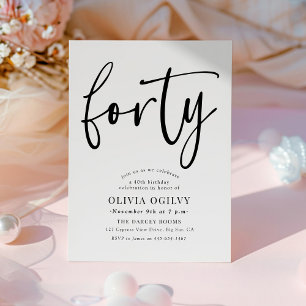 40th B&W Birthday Party Modern Script Typography Invitation