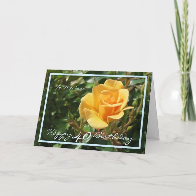 40th Bday Melissa Yellow Rose Elegant Gold Frame Card (Front)